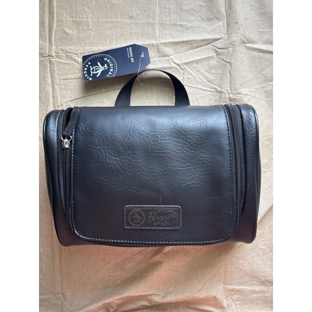 Original Penguin Mens Hanging Travel Kit Toiletry Bag Black Faux Leather NWT